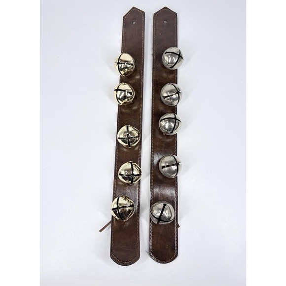Other - Vintage Sleigh Bells Brown Leather Straps Gold Silver Jingle Bells 2pk